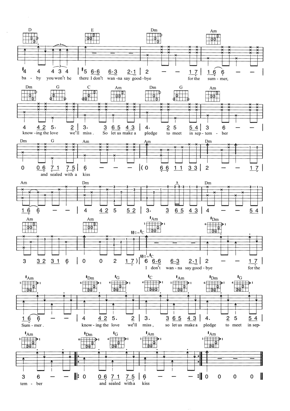 Sealedwithakiss吉他谱,原版BrianHyland歌曲,简单C调弹唱教学,网络转载版六线指弹简谱图