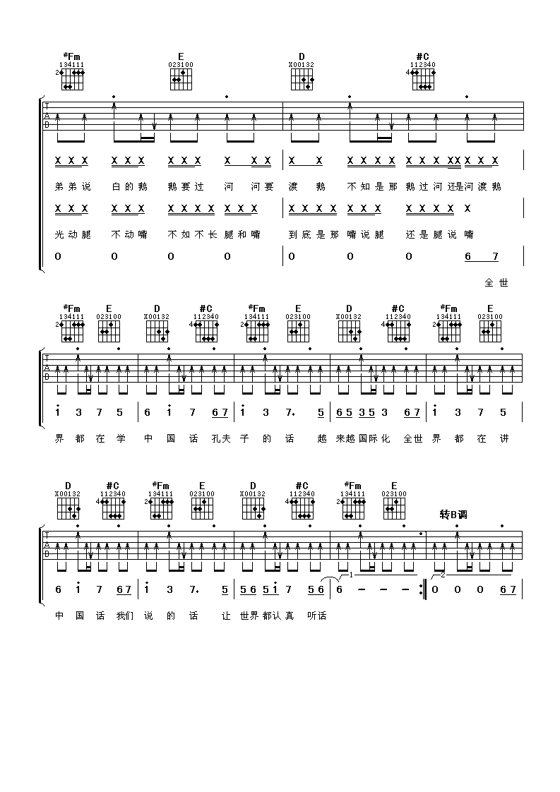 中国话吉他谱,原版S.H.E歌曲,简单A调弹唱教学,阿潘音乐工场版六线指弹简谱图