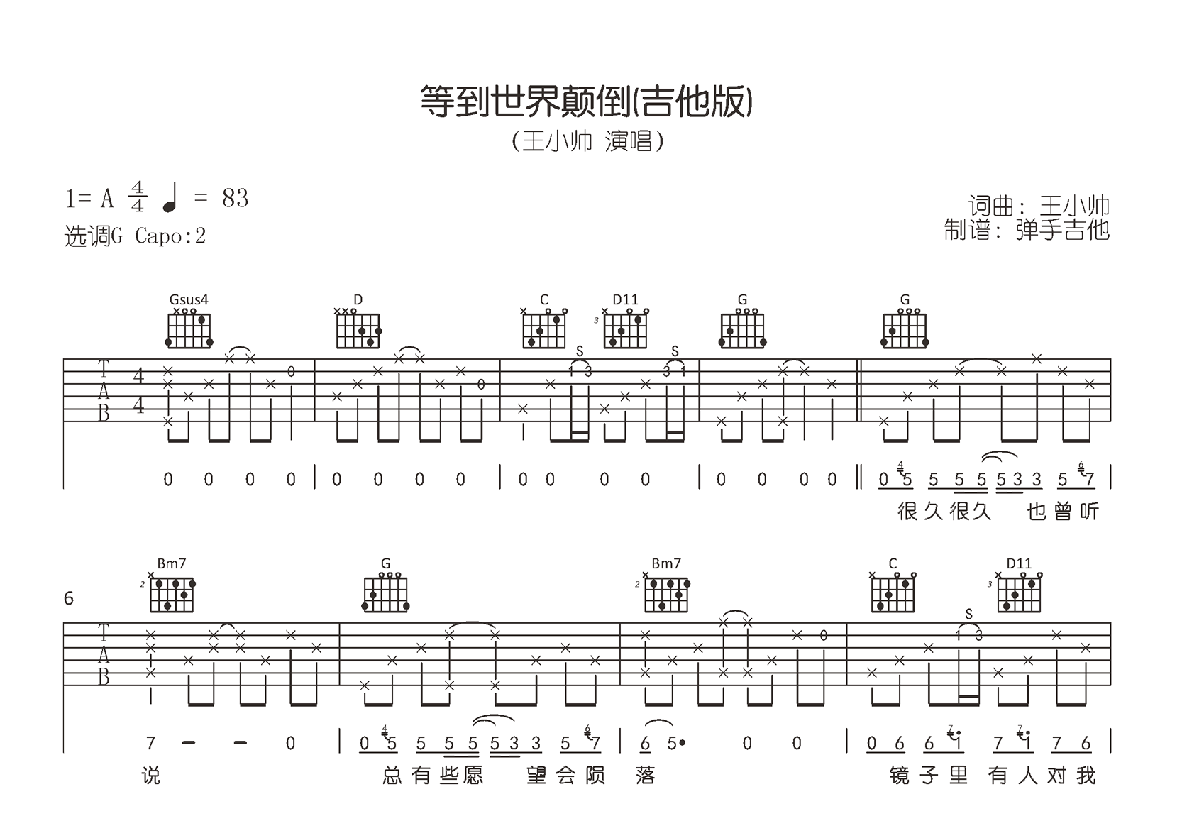 等到世界颠倒吉他谱,王小帅歌曲,简单指弹教学简谱,弹手吉他六线谱图片