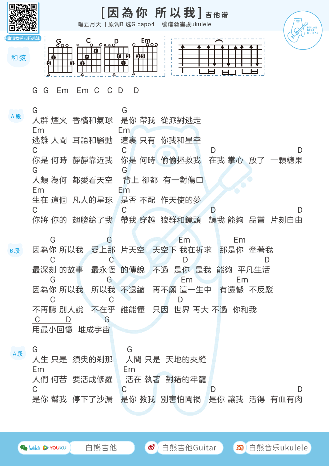 因为你所以我吉他谱,阿信歌曲,简单指弹教学简谱,白熊音乐六线谱图片
