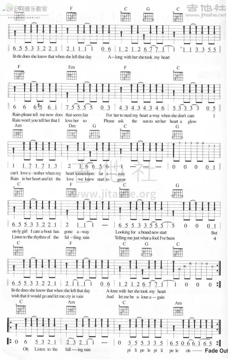 雨的旋律吉他谱,原版TheCascades歌曲,简单A调弹唱教学,吉他社版六线指弹简谱图