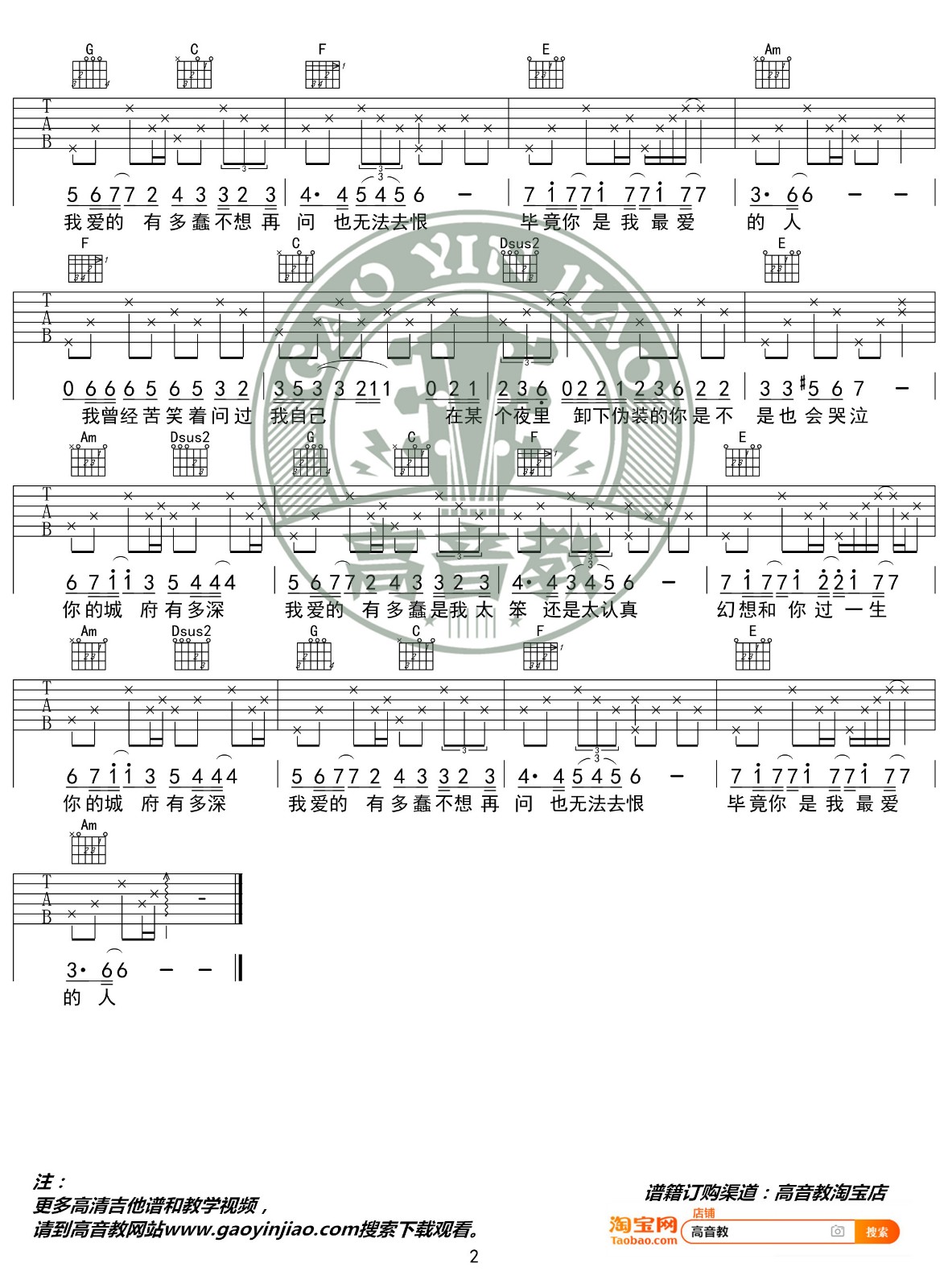城府吉他谱,原版许嵩歌曲,简单C调弹唱教学,高音教版六线指弹简谱图