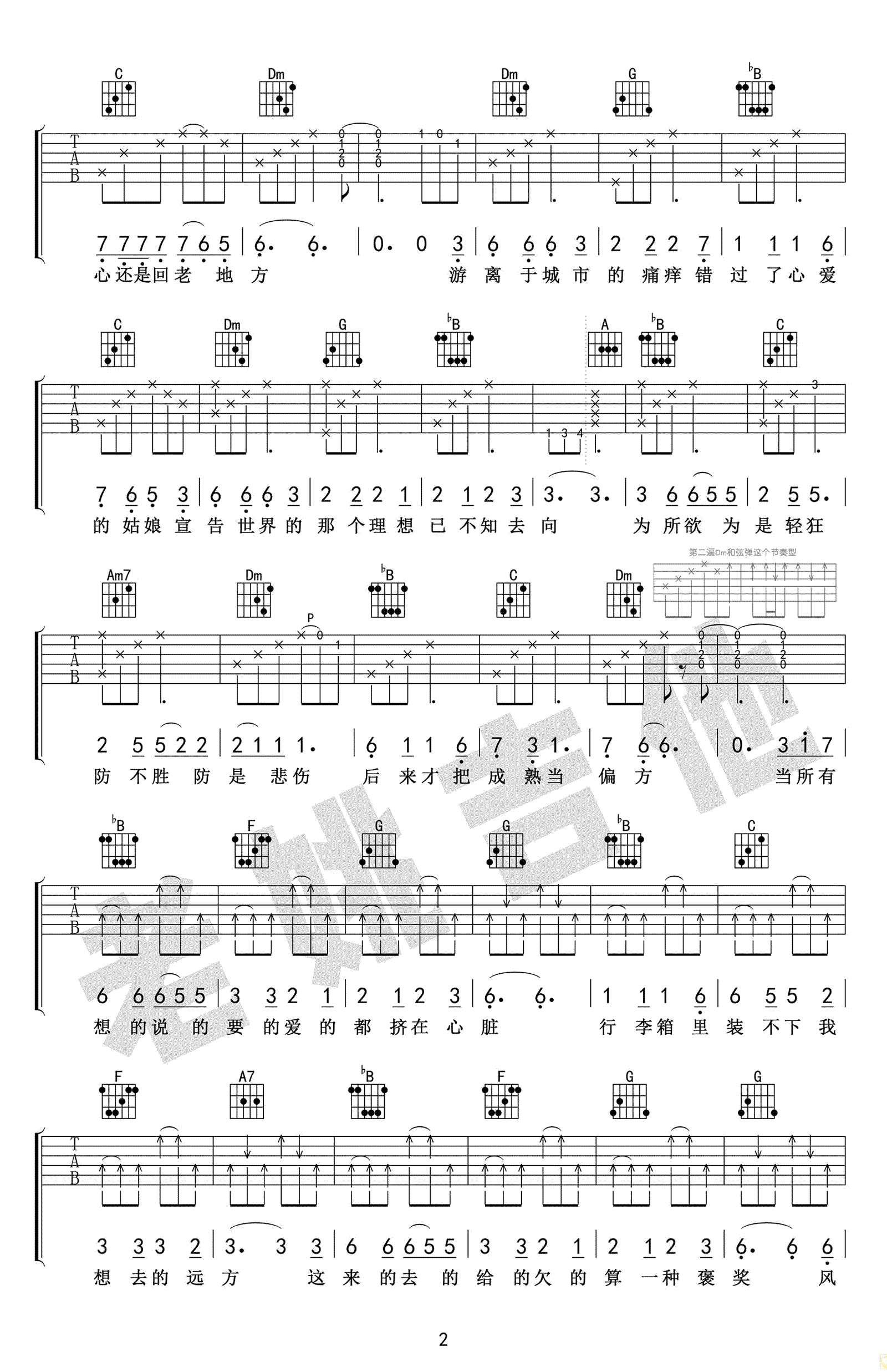 毛不易《牧马城市》吉,段思思谭旋歌曲,F调简单指弹教学简谱,老姚吉他六线谱图片