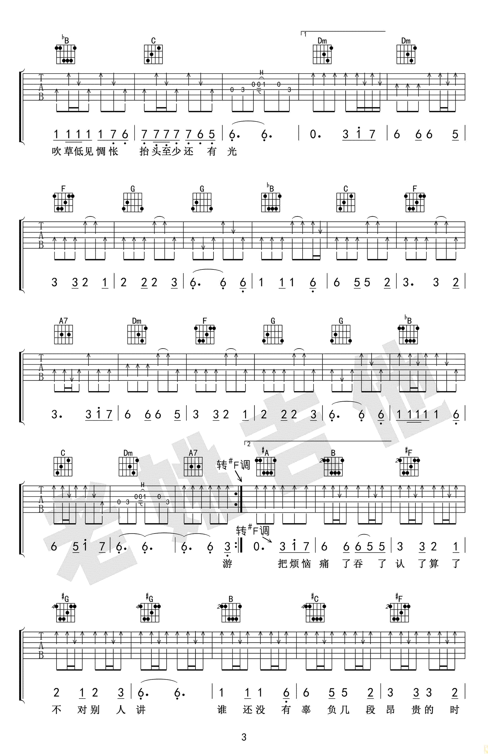 毛不易《牧马城市》吉,段思思谭旋歌曲,F调简单指弹教学简谱,老姚吉他六线谱图片