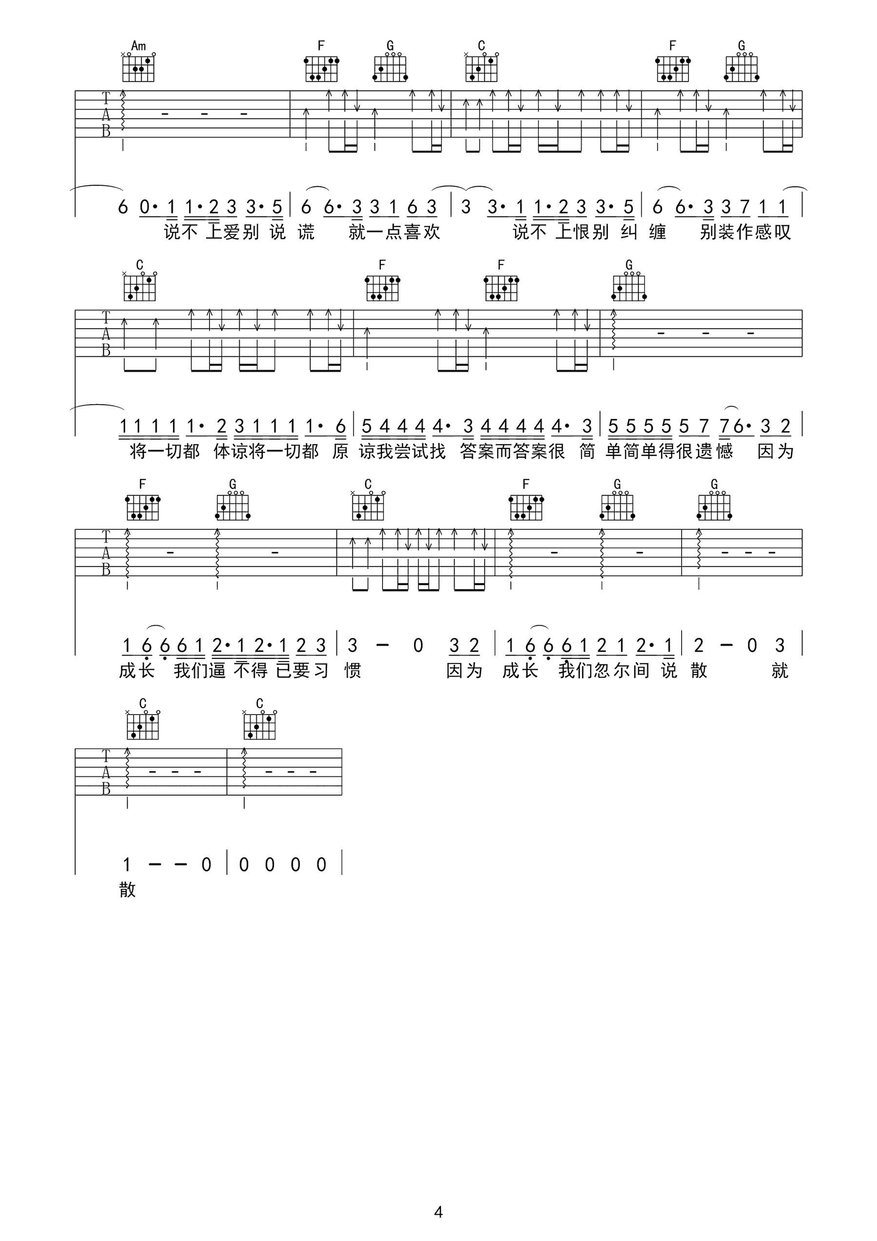 说散就散吉他谱,张楚翘伍乐歌曲,C调简单指弹教学简谱,巍小琪六线谱图片