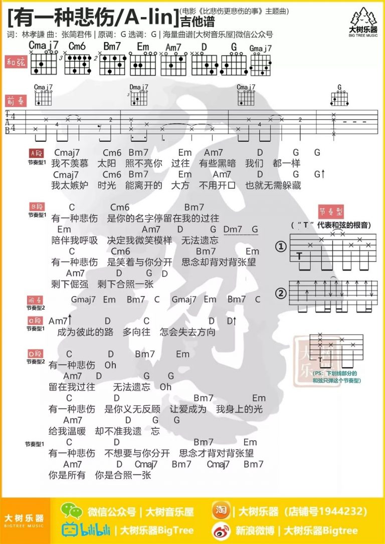 有一种悲伤和弦吉他谱,简单原版指弹曲谱,A-Lin高清六线乐谱