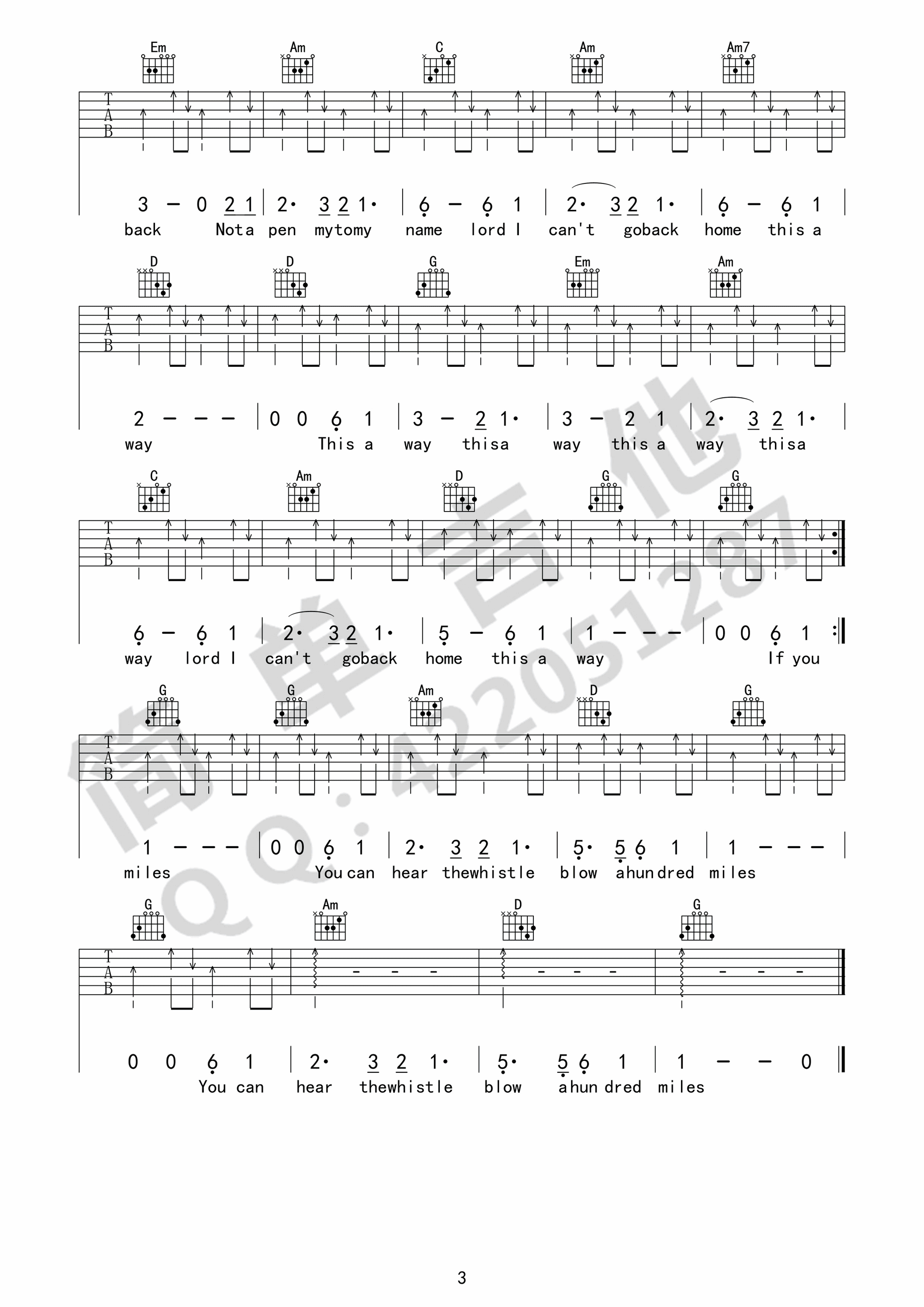 500miles吉他谱,简单G调原版弹唱曲谱,4/4拍的高清六线谱图片