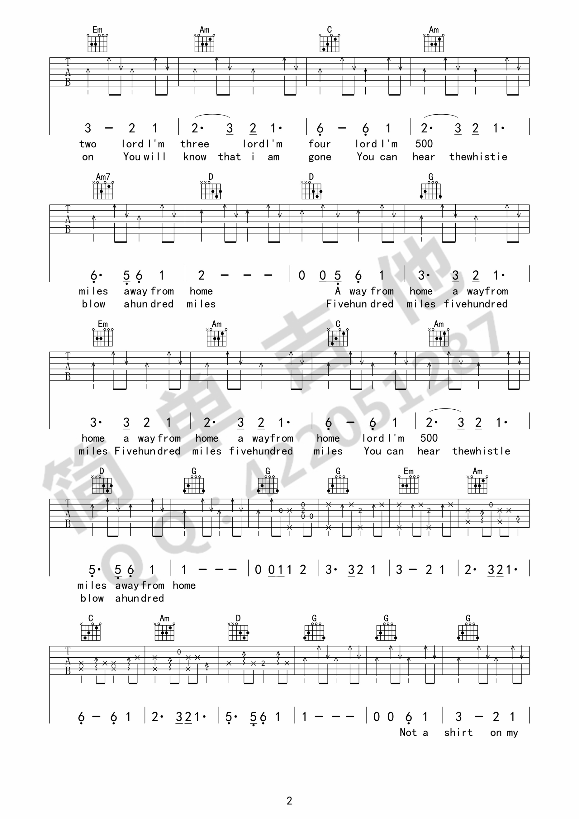 500miles吉他谱,简单G调原版弹唱曲谱,4/4拍的高清六线谱图片