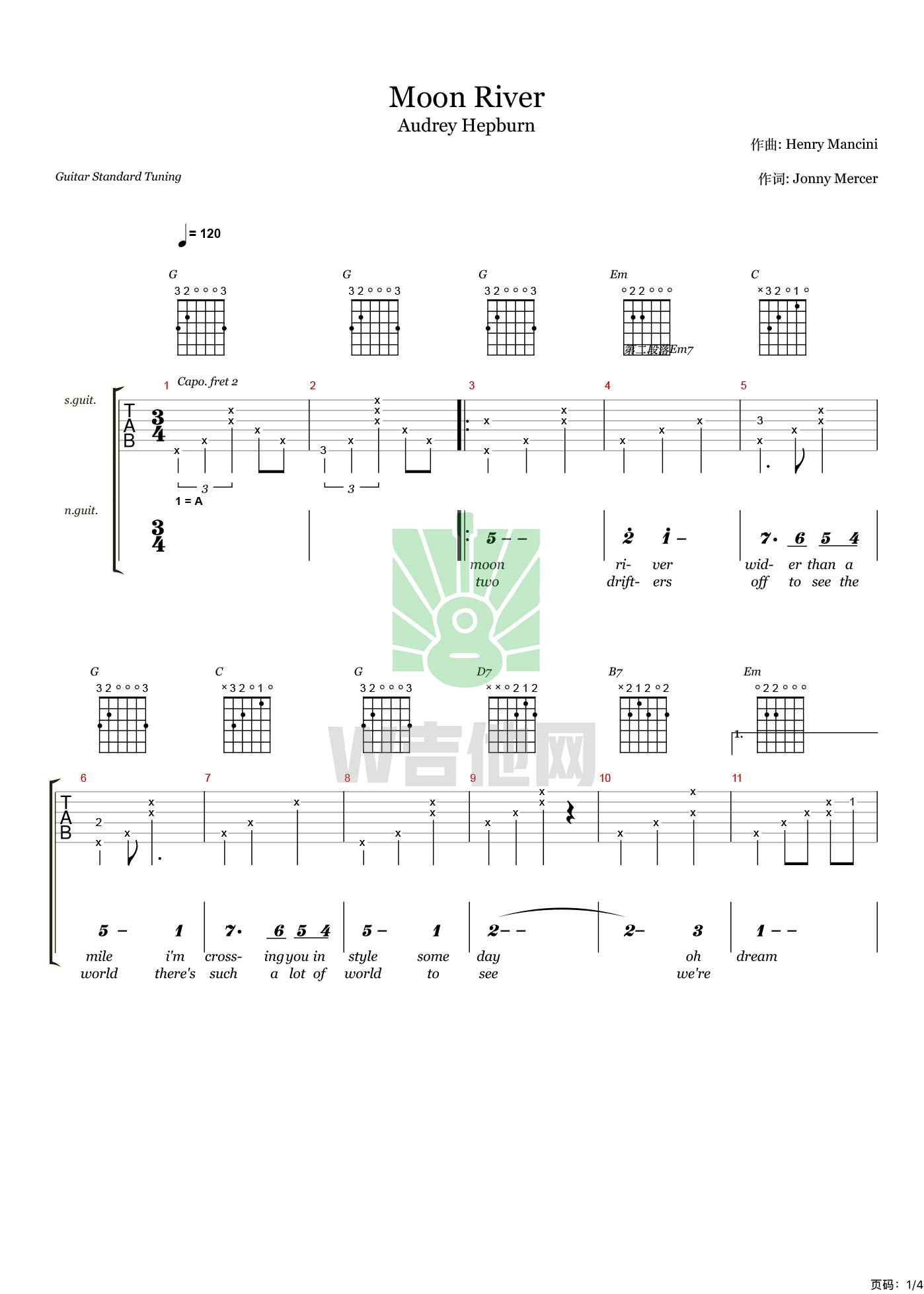 Moon River吉他谱,简单A调原版弹唱曲谱,Audre高清六线谱教学