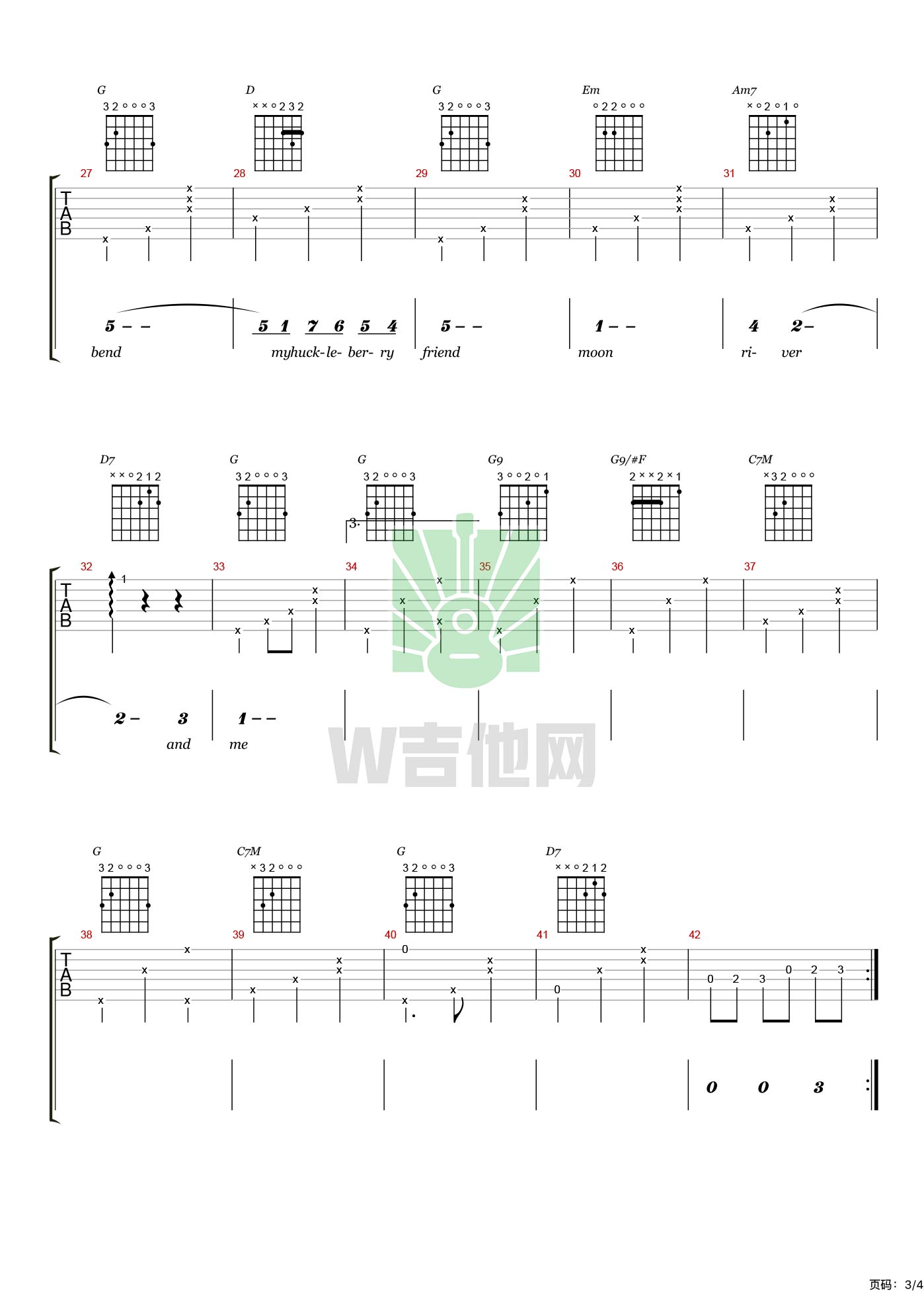 Moon River吉他谱,简单A调原版弹唱曲谱,Audre高清六线谱教学