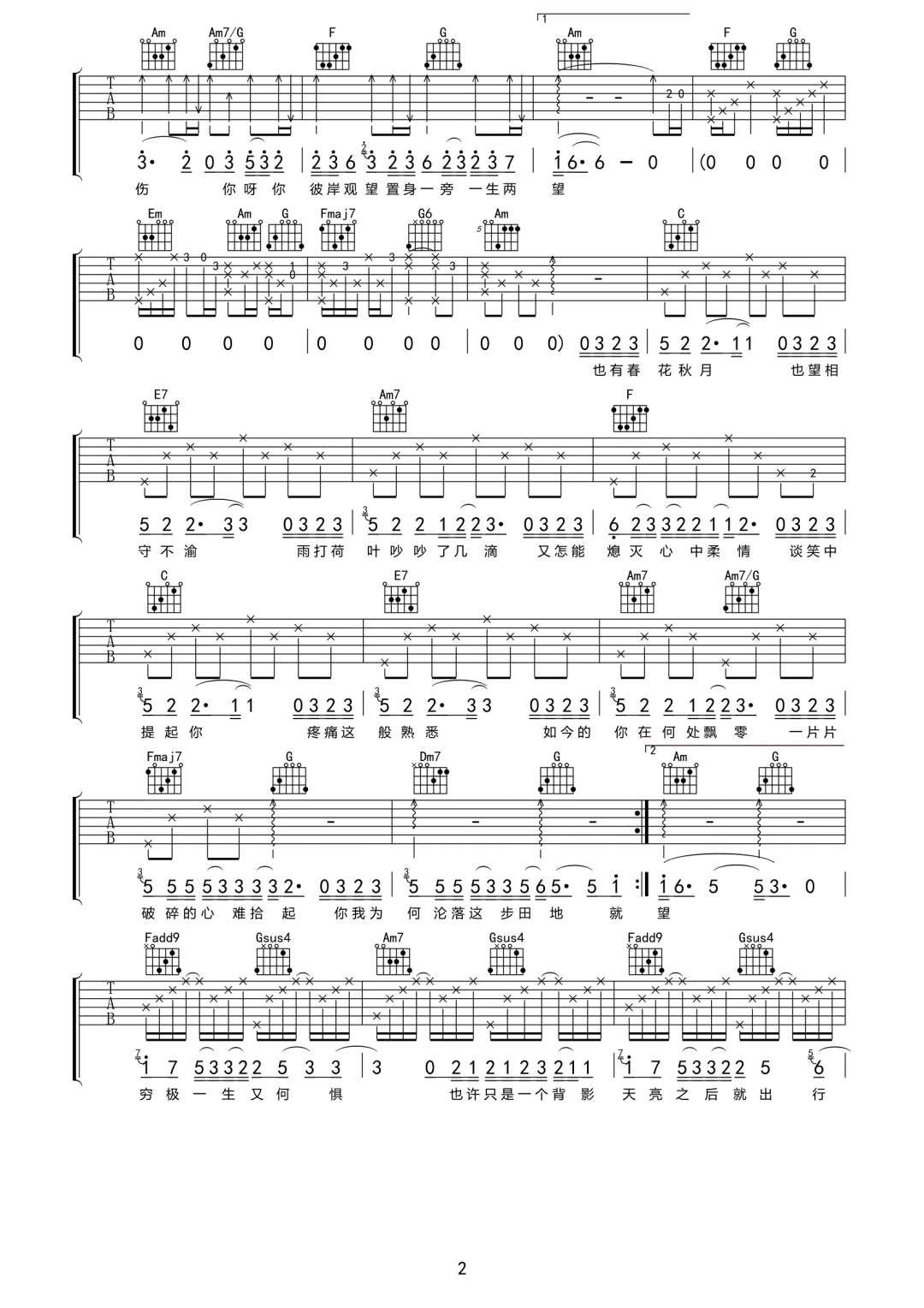 隔岸吉他谱,原版姚六一歌曲,简单C调指弹曲谱,高清六线乐谱