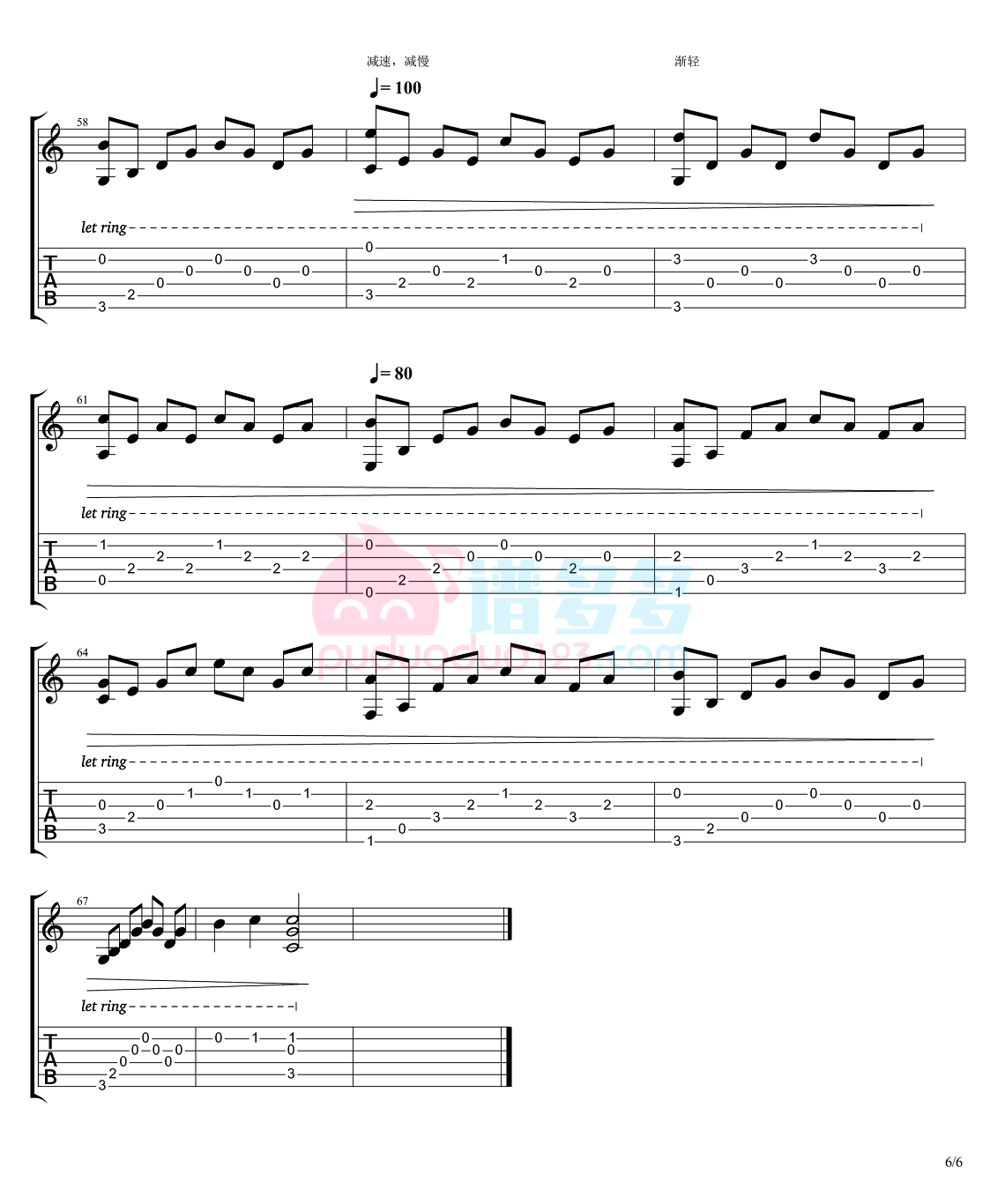 卡农吉他谱,简单原版指弹曲谱,高清六线谱附歌词