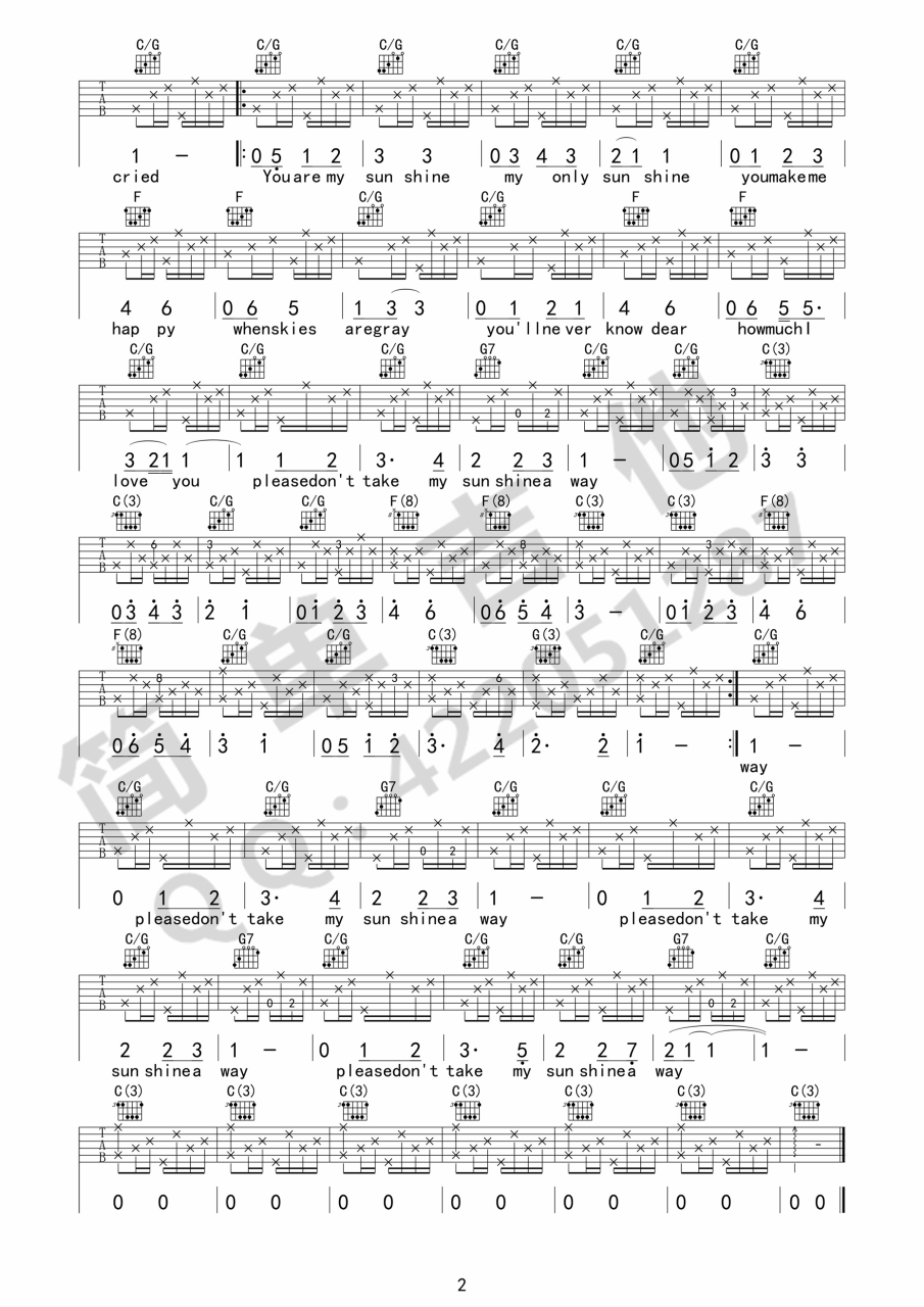 You are my sunshine吉他谱,Elizabeth Mitchell歌曲,C调指弹简谱,新手弹唱精选版