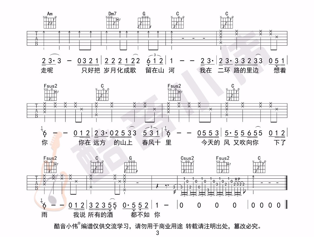 春风十里吉他谱,原版鹿先森乐队歌曲,简单C调指弹曲谱,高清六线乐谱