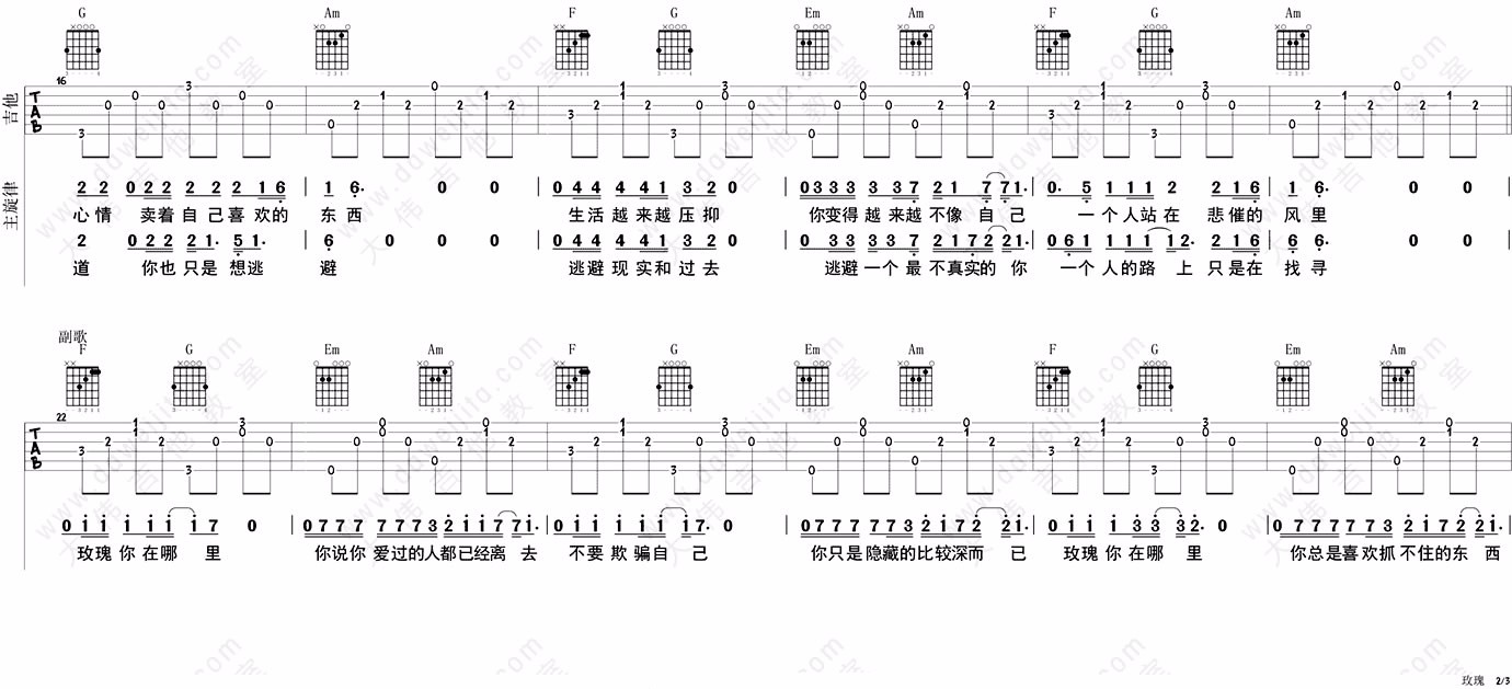 玫瑰吉他谱,原版贰佰歌曲,简单C调指弹曲谱,高清六线乐谱视频教学