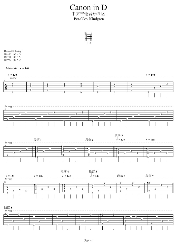 卡农吉他谱,原版佚名歌曲,简单指弹曲谱,高清六线乐谱