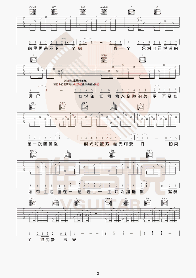 南山南吉他谱,原版马頔歌曲,简单C调指弹曲谱,高清六线乐谱视频教学