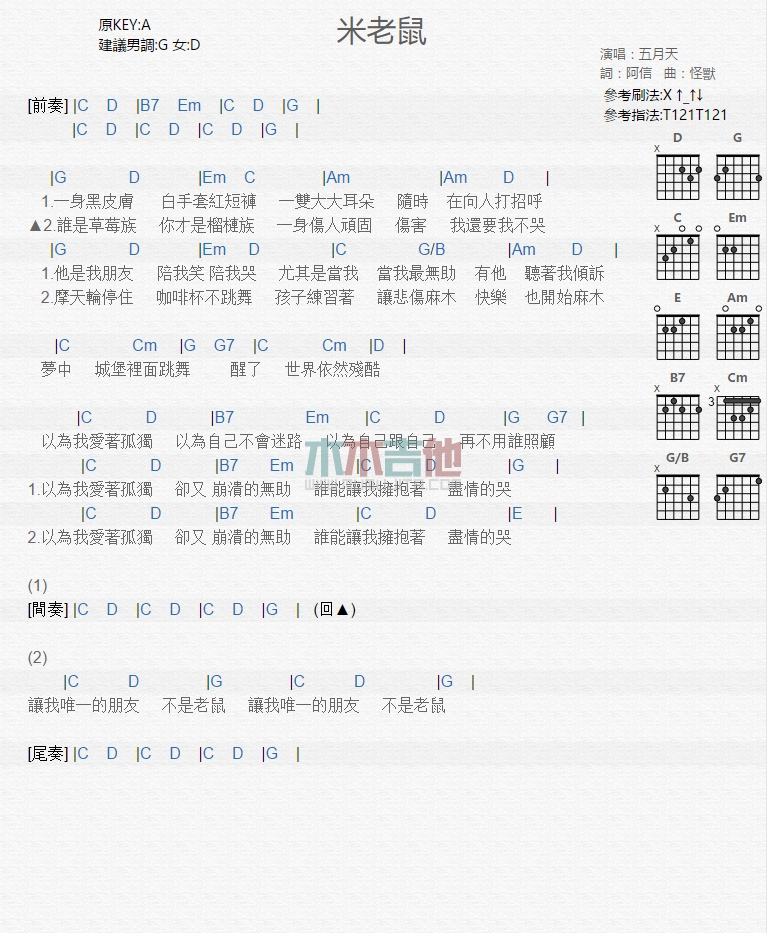 米老鼠吉他谱,简单C调原版指弹曲谱,五月天高清流行弹唱六线乐谱