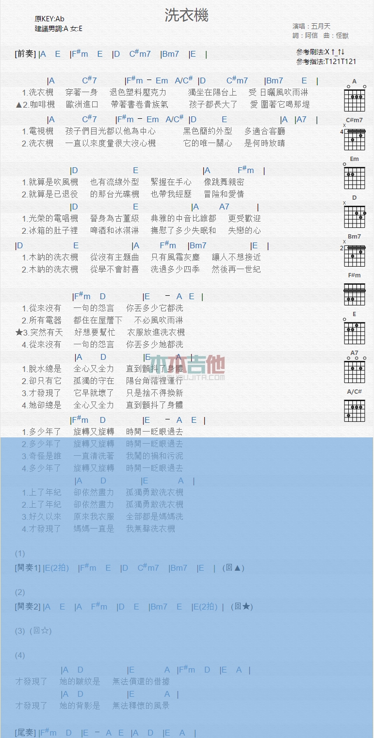 洗衣机吉他谱,简单C调原版指弹曲谱,五月天高清流行弹唱六线乐谱