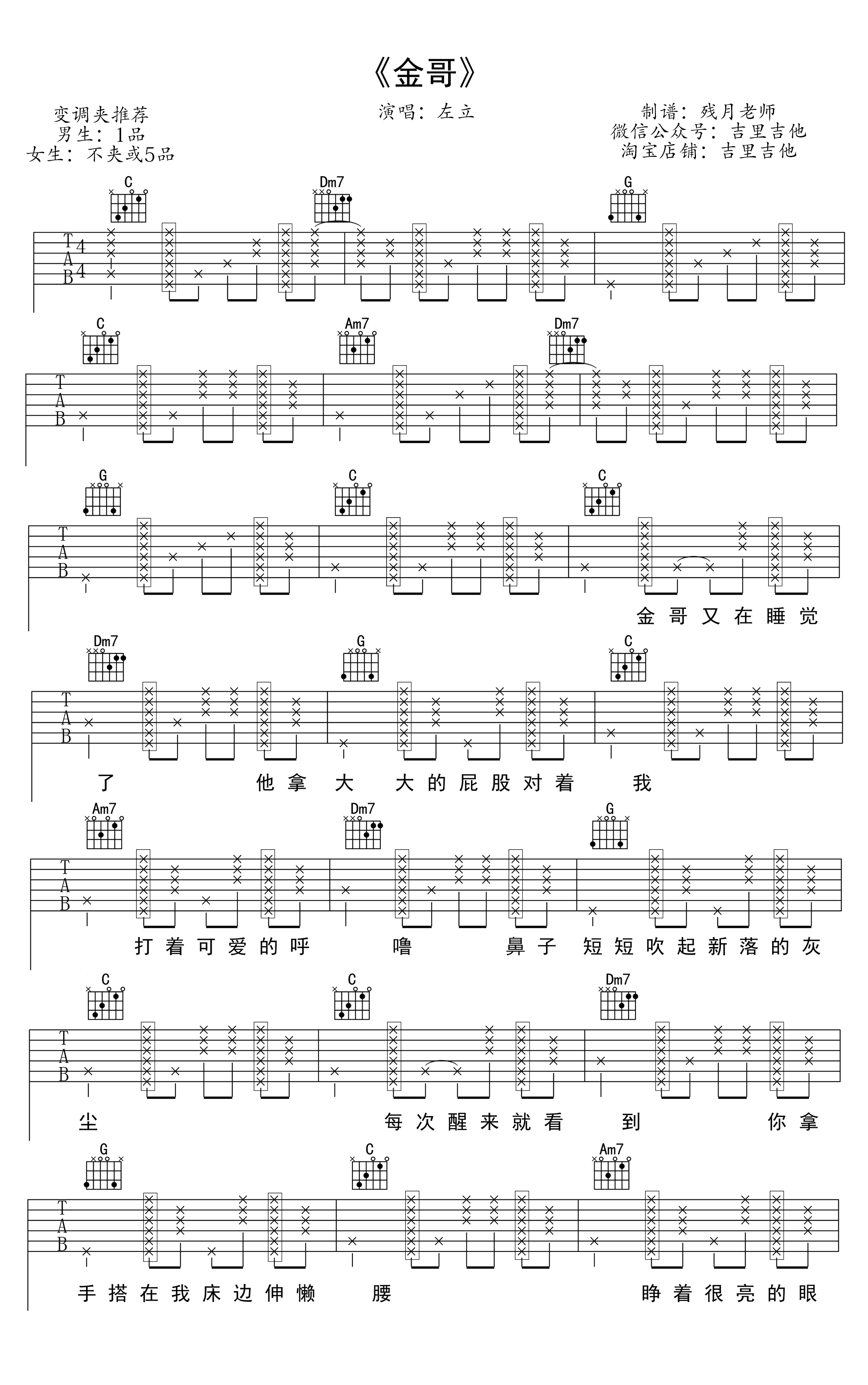 左立金哥吉他谱,简单变调原版指弹曲谱,左立高清六线乐谱