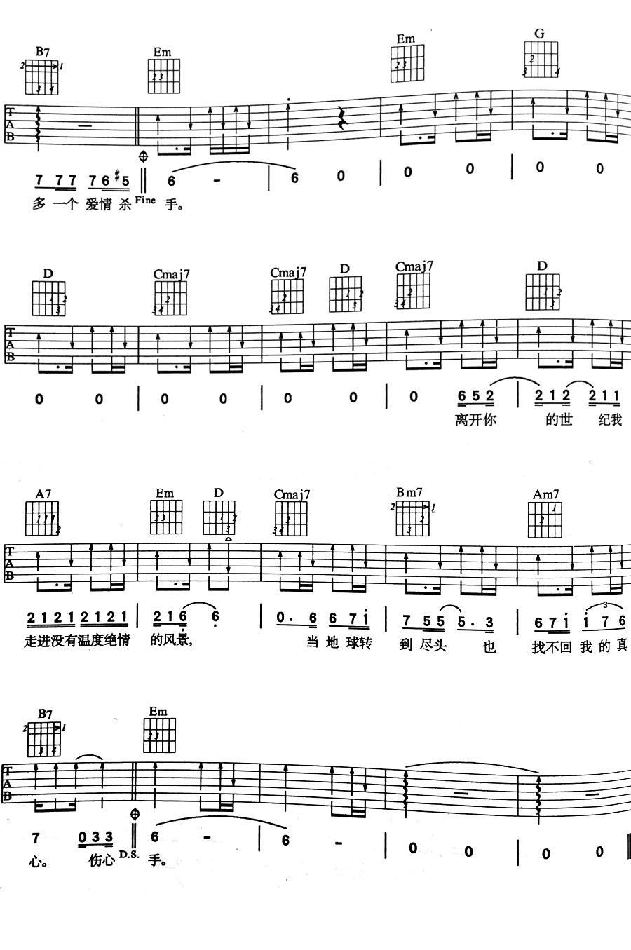 王杰伤心1999吉他谱,简单六线原版指弹曲谱,王杰高清六线乐谱
