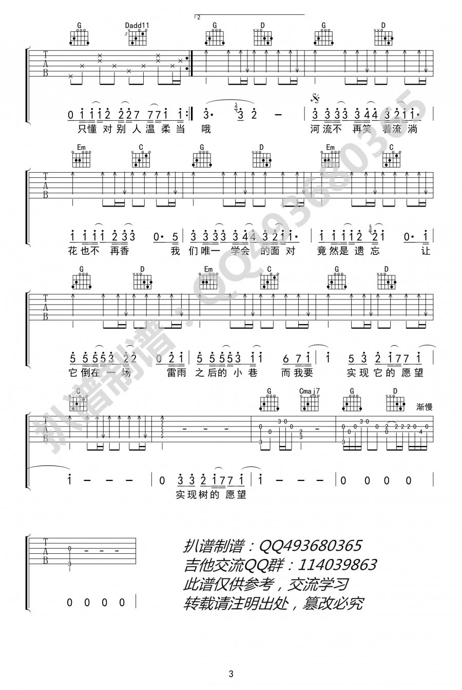 王俊凯树读吉他谱,简单高清原版指弹曲谱,王俊凯高清六线乐谱