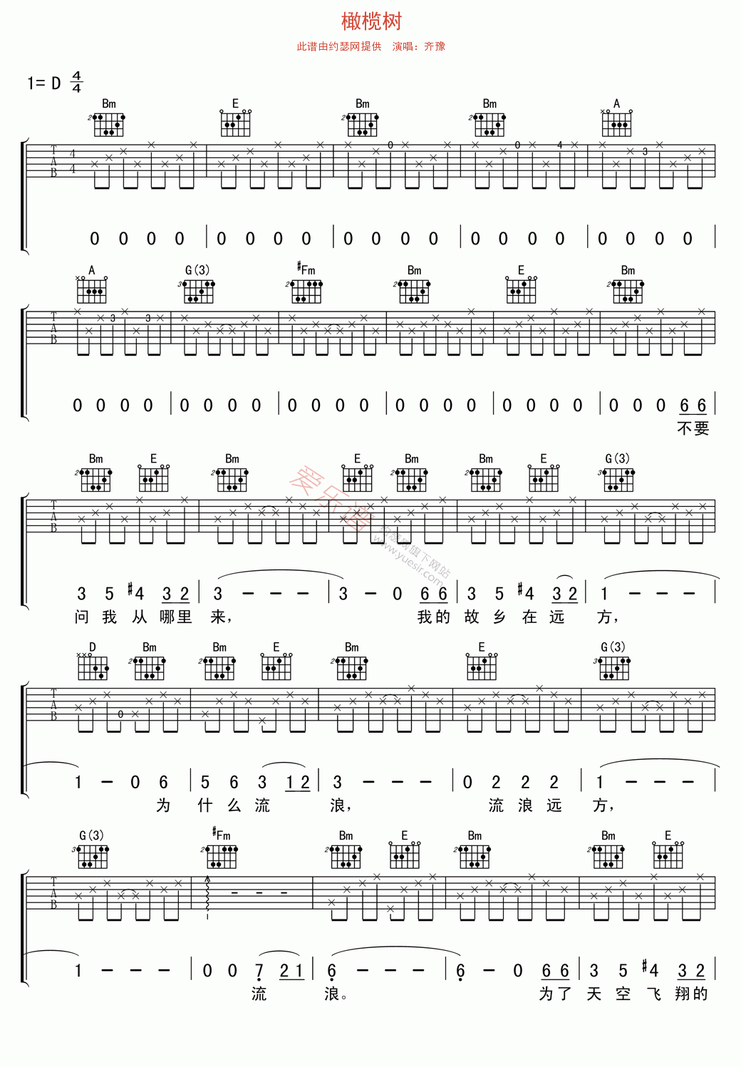 橄榄树吉他谱,简单C调原版指弹曲谱,齐豫高清流行弹唱六线乐谱