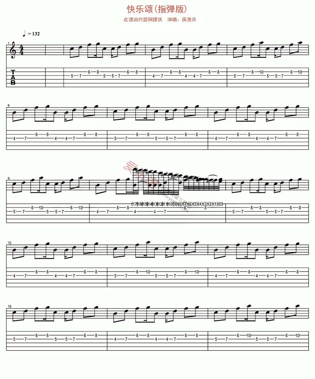 快乐颂吉他谱,简单C调原版指弹曲谱,庾澄庆高清独奏版六线乐谱