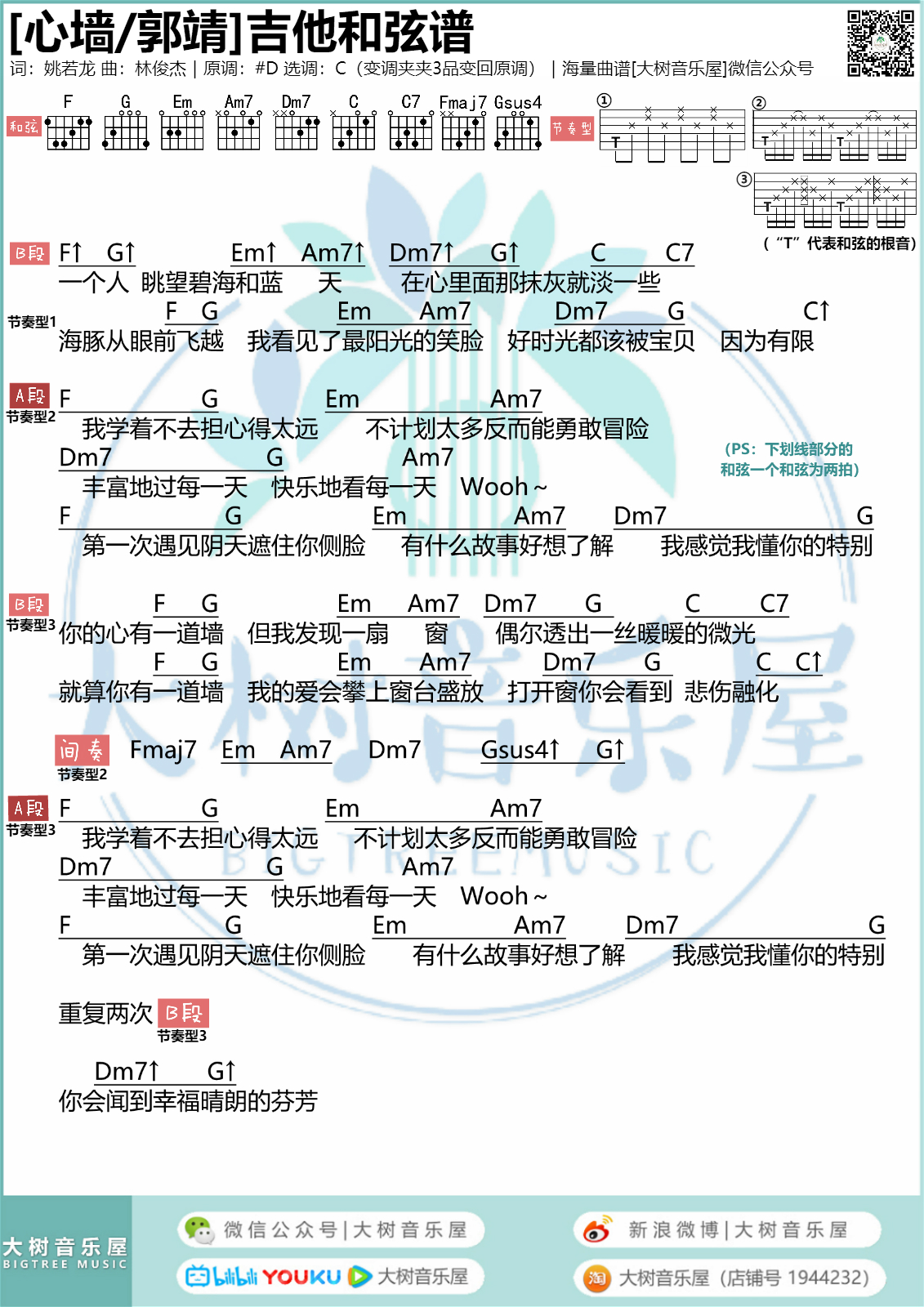 心墙吉他谱,简单#D原版指弹曲谱,郭静高清流行弹唱六线乐谱