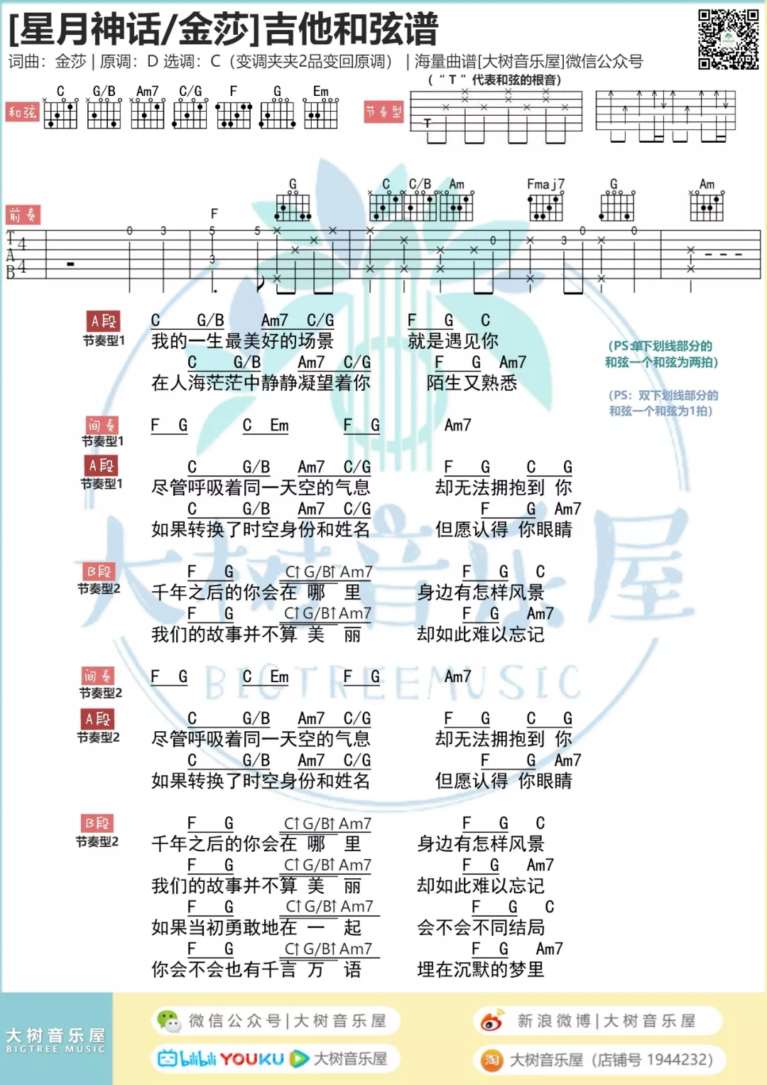 星月神话吉他谱,简单D调原版指弹曲谱,金莎高清流行弹唱六线乐谱