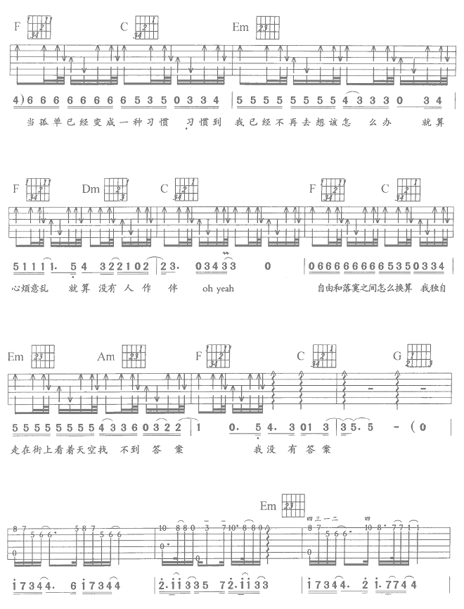 一辈子的孤单吉他谱,C调吉他弹唱高清简单谱教学简谱,刘若英六线谱原版六线谱图片