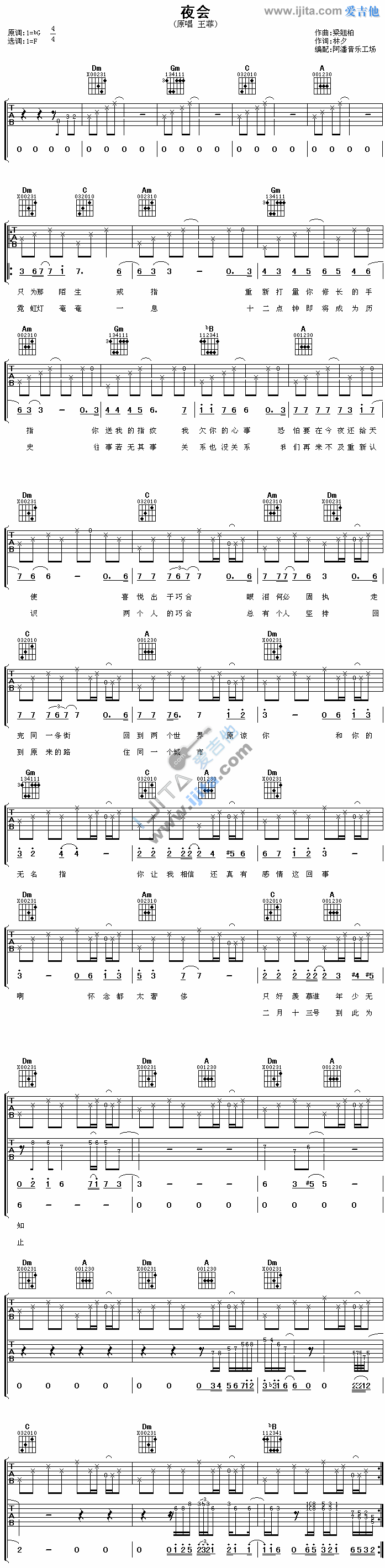 夜会吉他谱,C调高清简单谱教学简谱,王菲六线谱原版六线谱图片