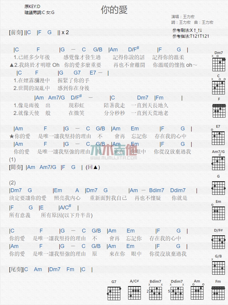 你的爱吉他谱,C调高清简单谱教学简谱,王力宏六线谱原版六线谱图片