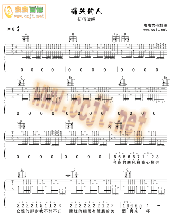 痛哭的人吉他谱,C调完整单吉他版高清简单谱教学简谱,伍佰六线谱原版六线谱图片