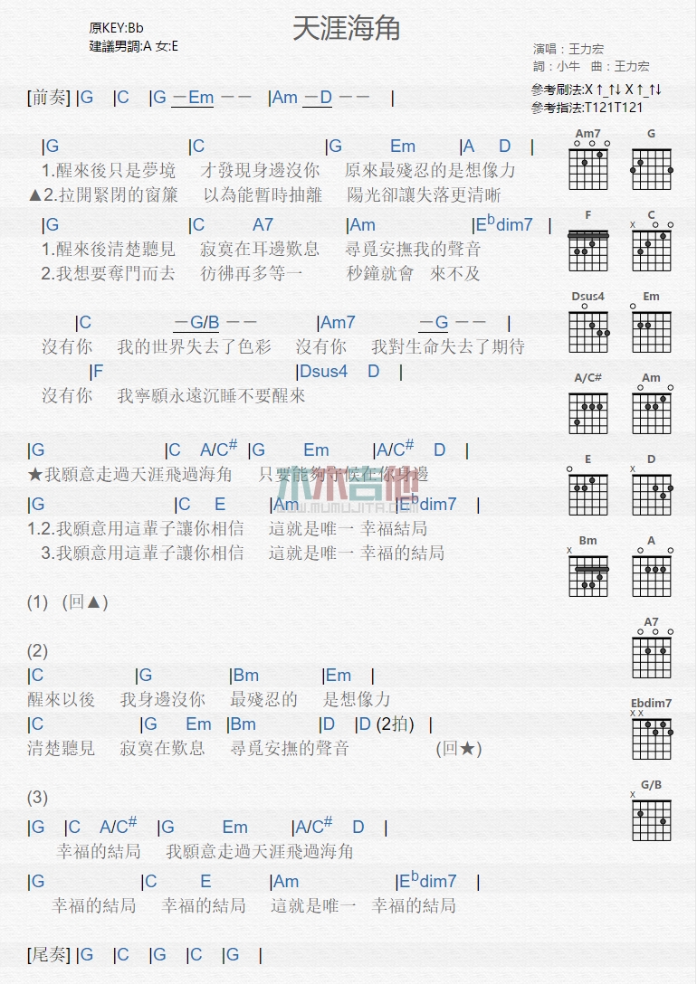 天涯海角吉他谱,C调高清简单谱教学简谱,王力宏六线谱原版六线谱图片