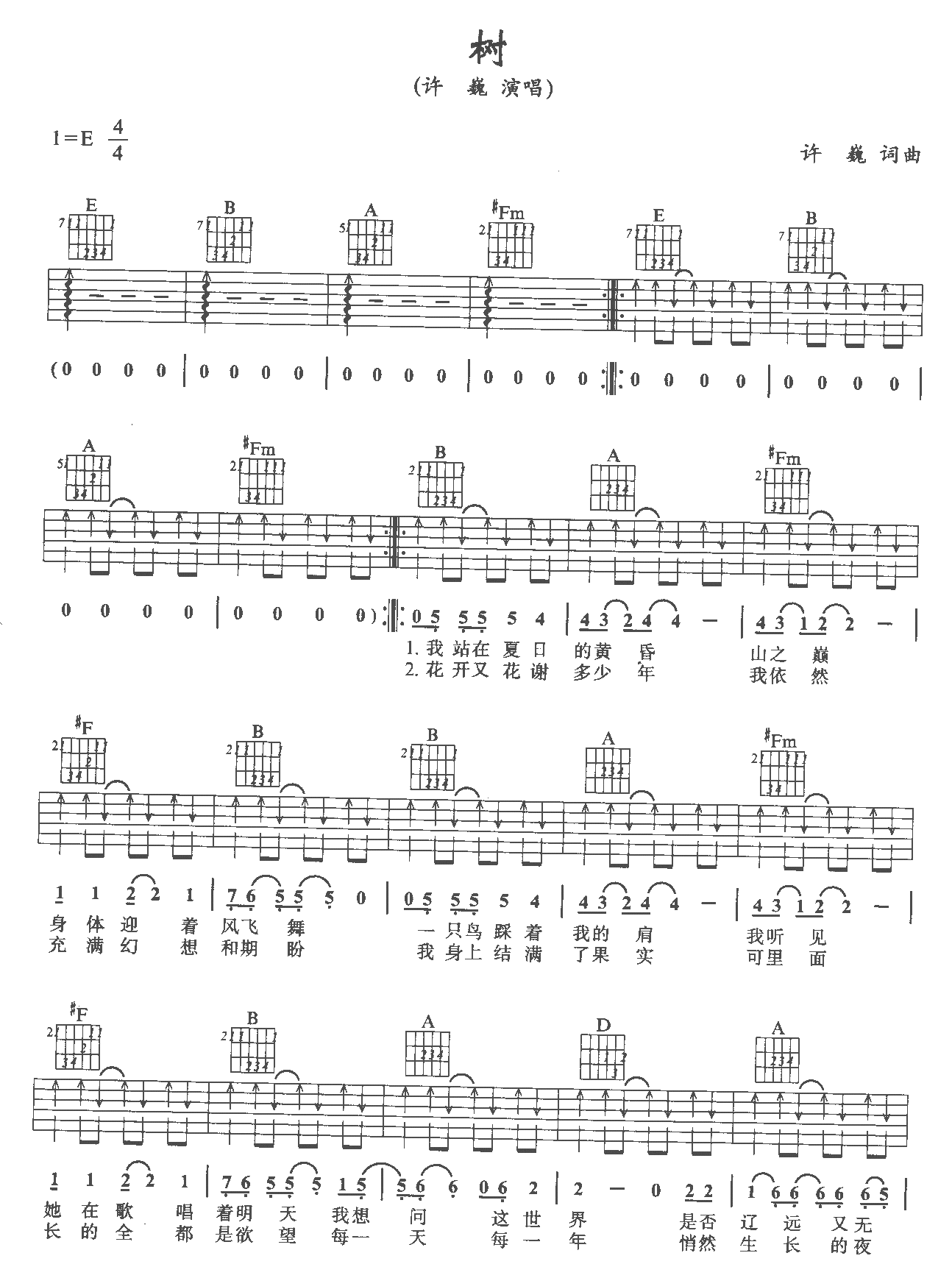 树吉他谱,C调高清简单谱教学简谱,许巍六线谱原版六线谱图片