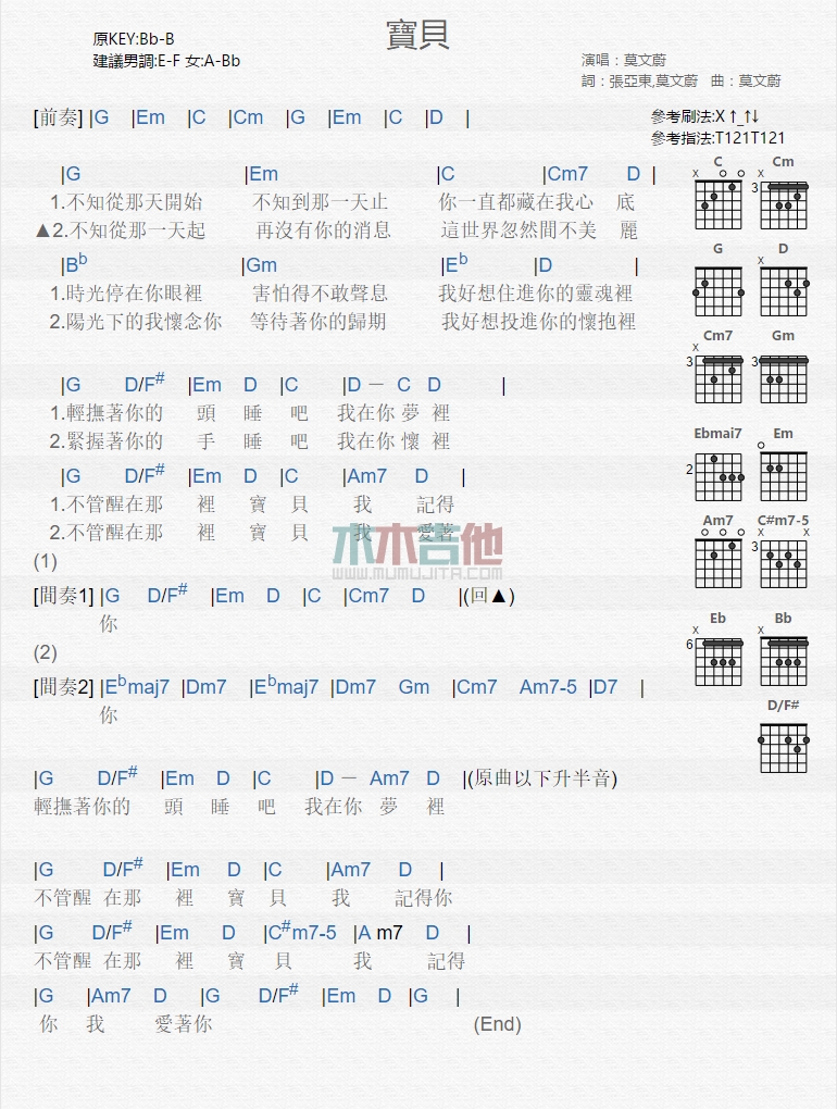 宝贝吉他谱,C调高清简单谱教学简谱,莫文蔚六线谱原版六线谱图片