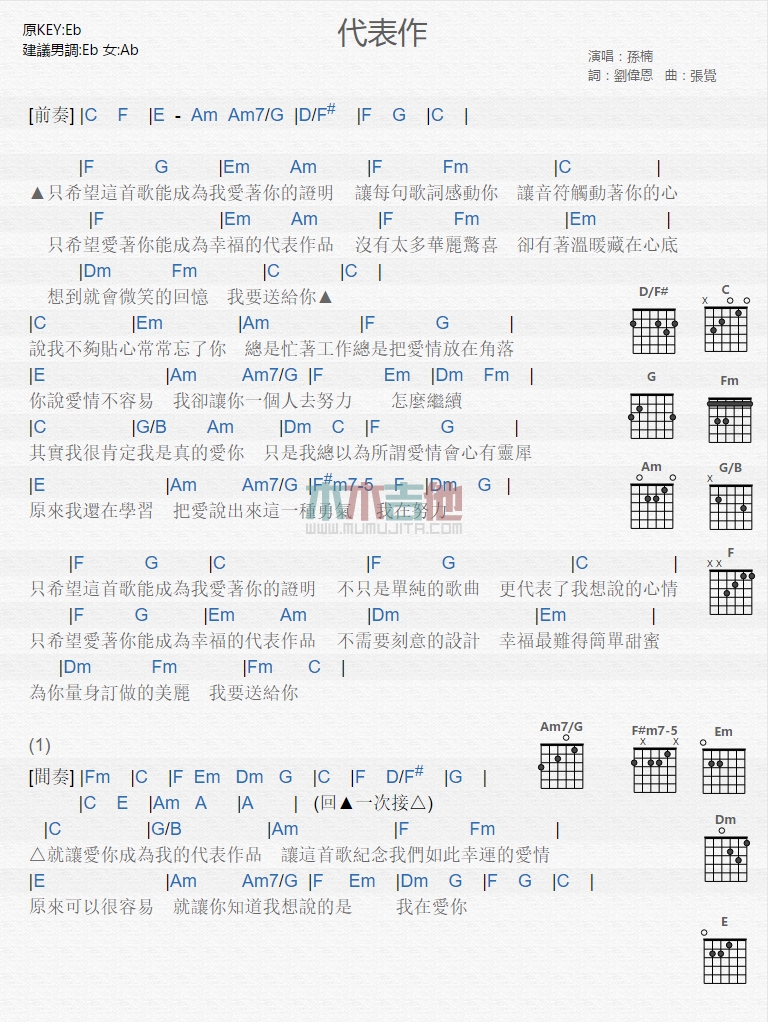 代表作吉他谱,C调高清简单谱教学简谱,孙楠六线谱原版六线谱图片