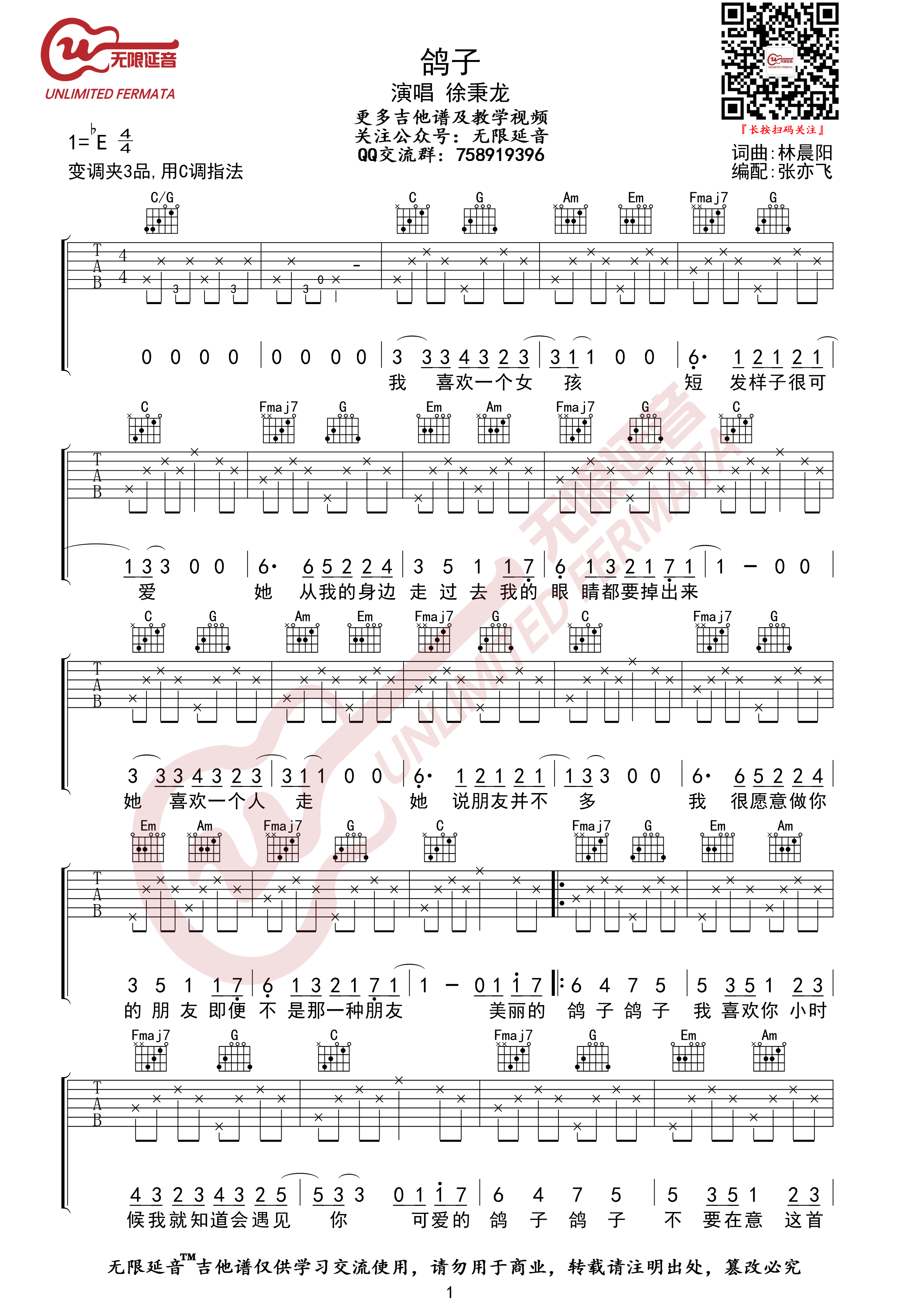 鸽子吉他谱,C调高清简单谱教学简谱,徐秉龙六线谱原版六线谱图片