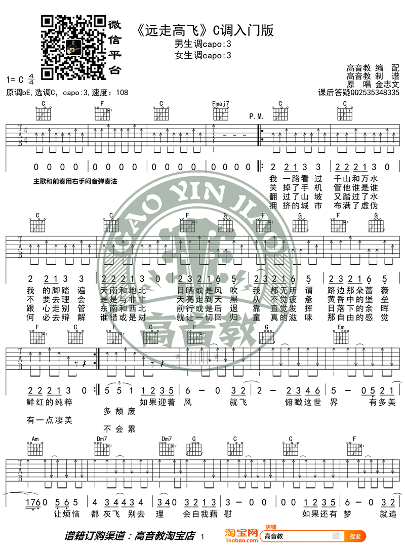 远走高飞吉他谱,C调C调入门版教学简谱,金志文六线谱原版六线谱图片