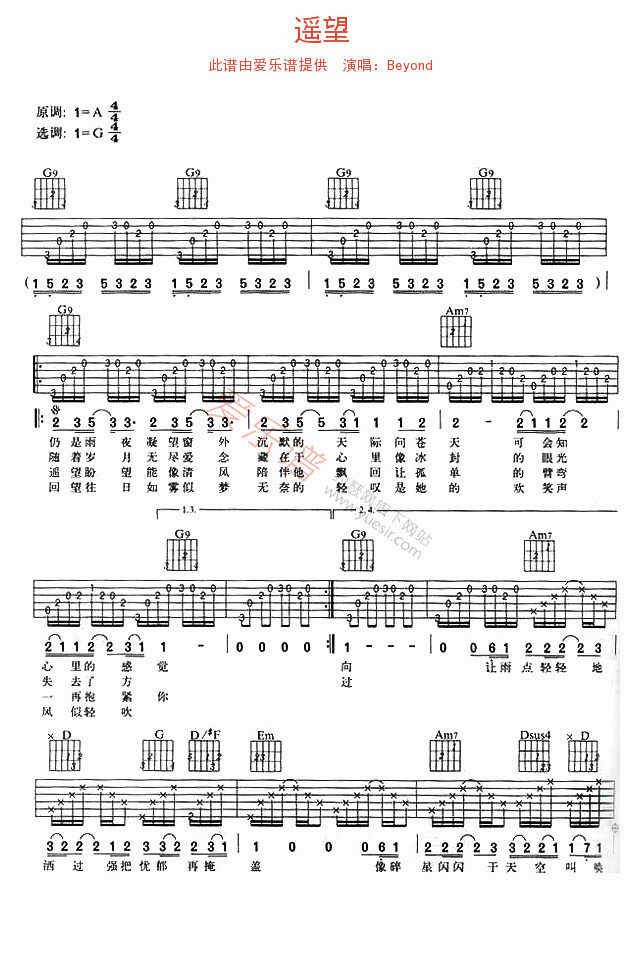 遥望吉他谱,C调高清简单谱教学简谱,Beyond六线谱原六线谱图片