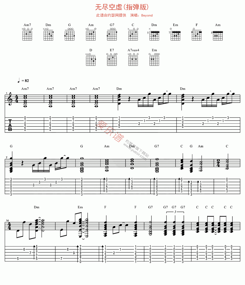 无尽空虚吉他谱,C调指弹版高清简单谱教学简谱,Beyond六线谱原六线谱图片