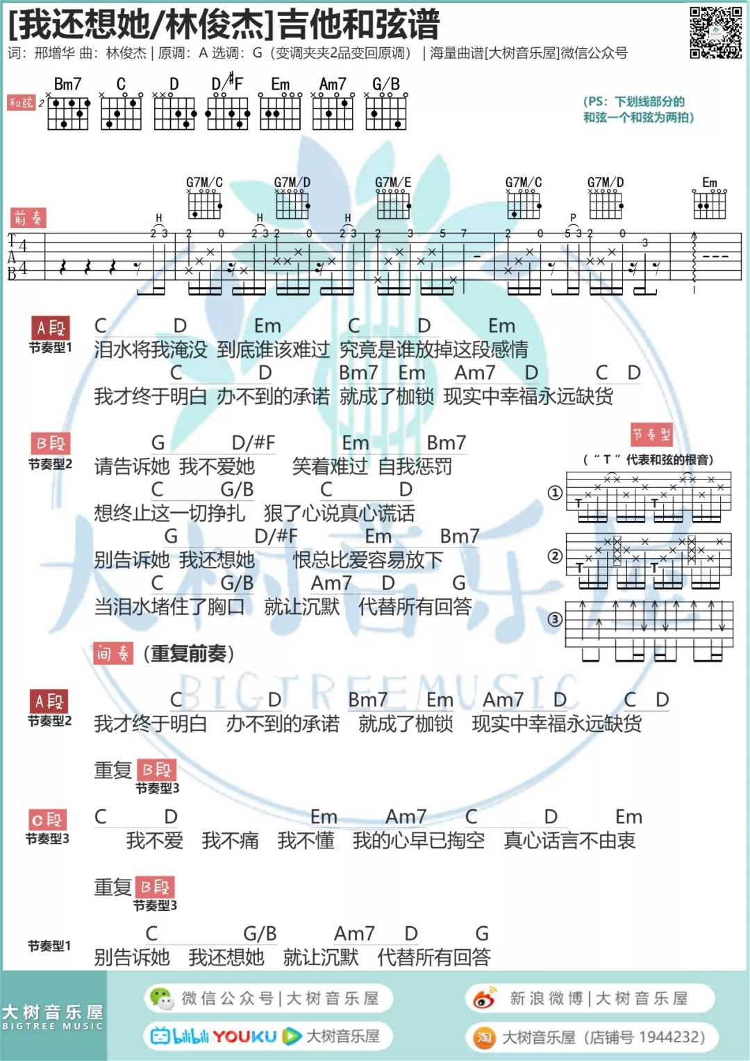 我还想她吉他谱,A调高清简单谱教学简谱,林俊杰六线谱原版六线谱图片